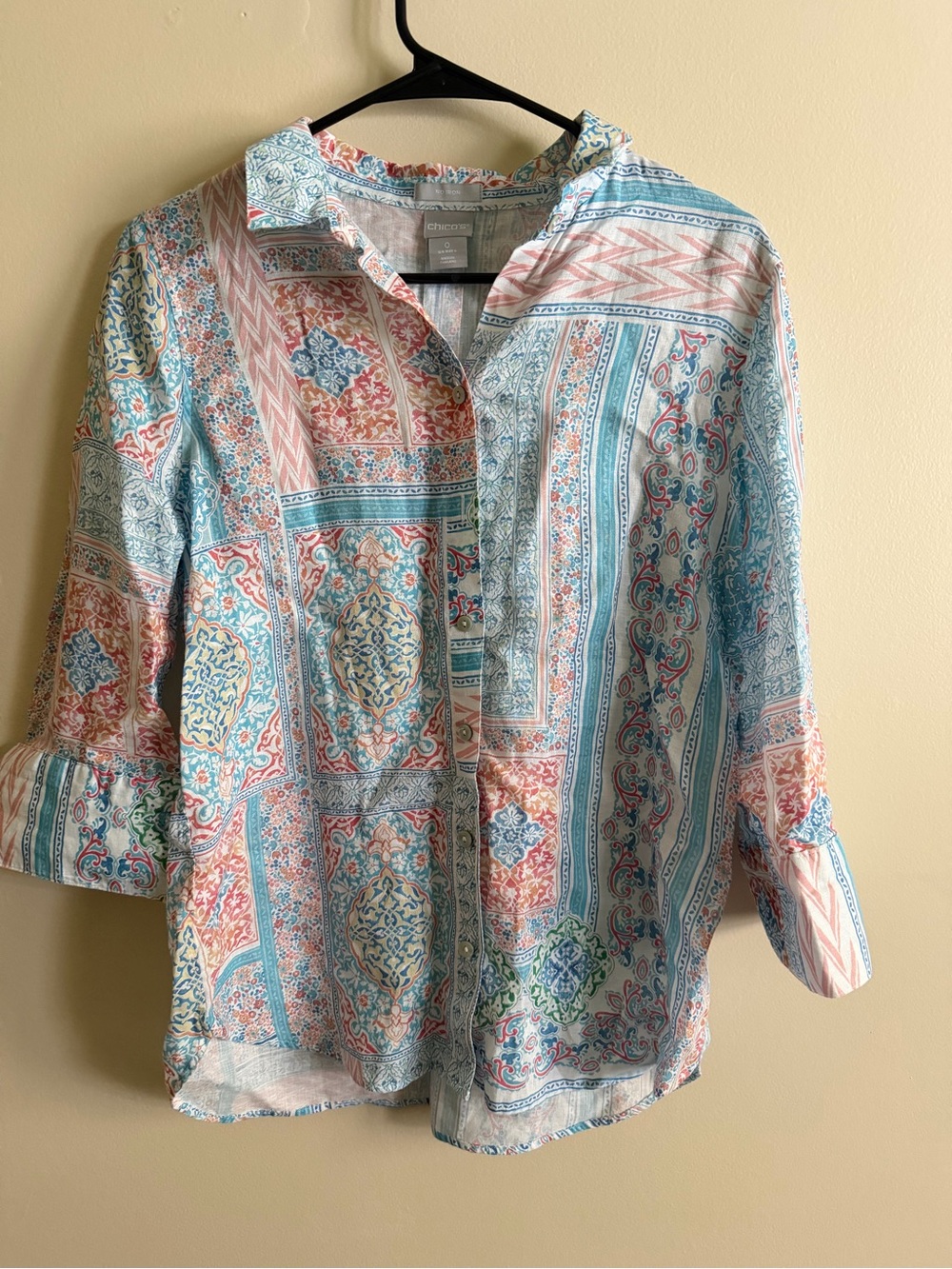 Chico's Multicolor Floral-Print Button Shirt in Aqua, Coral, Cream